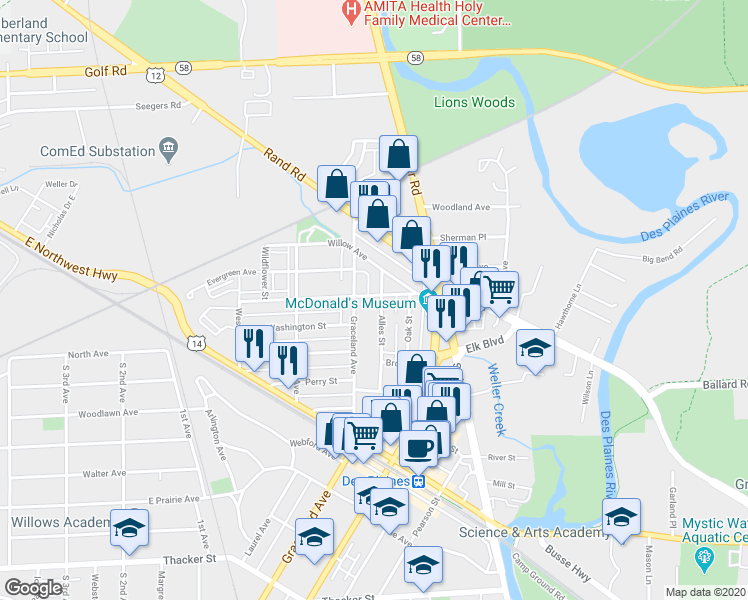map of restaurants, bars, coffee shops, grocery stores, and more near 367 Alles Street in Des Plaines