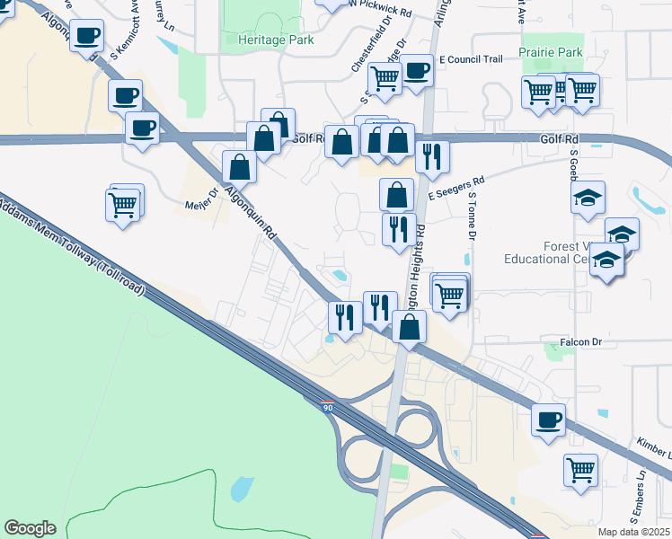 map of restaurants, bars, coffee shops, grocery stores, and more near 2201 South Crambourne Way in Arlington Heights