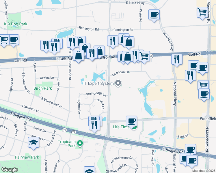 map of restaurants, bars, coffee shops, grocery stores, and more near 1002 North Plum Grove Road in Schaumburg