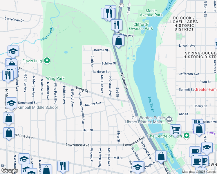 map of restaurants, bars, coffee shops, grocery stores, and more near 519 McClure Avenue in Elgin