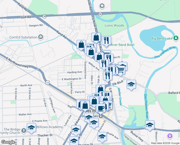 map of restaurants, bars, coffee shops, grocery stores, and more near 367 Alles Street in Des Plaines