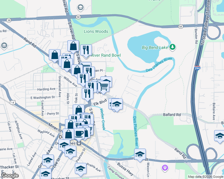 map of restaurants, bars, coffee shops, grocery stores, and more near 389 Elk Boulevard in Des Plaines