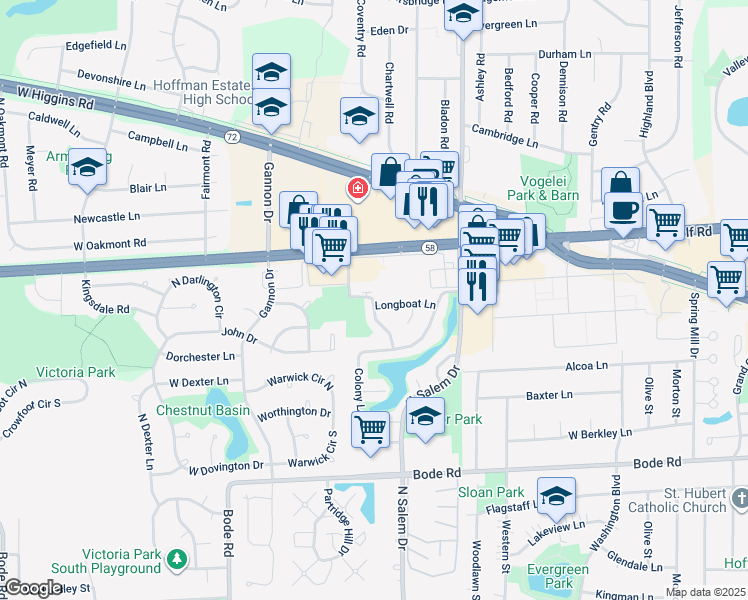 map of restaurants, bars, coffee shops, grocery stores, and more near Stonehedge Drive in Schaumburg