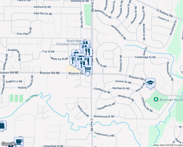 map of restaurants, bars, coffee shops, grocery stores, and more near C Ave NE & Boyson Rd NE in Cedar Rapids