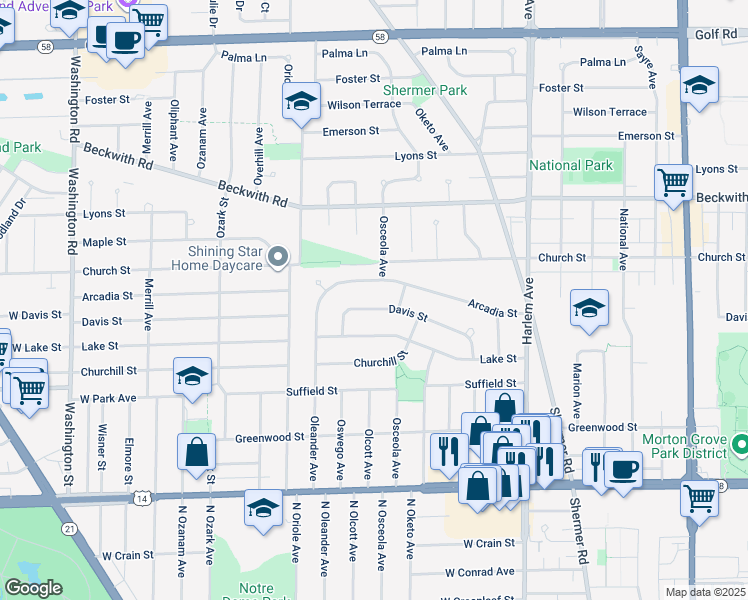 map of restaurants, bars, coffee shops, grocery stores, and more near 7442 Davis Street in Morton Grove