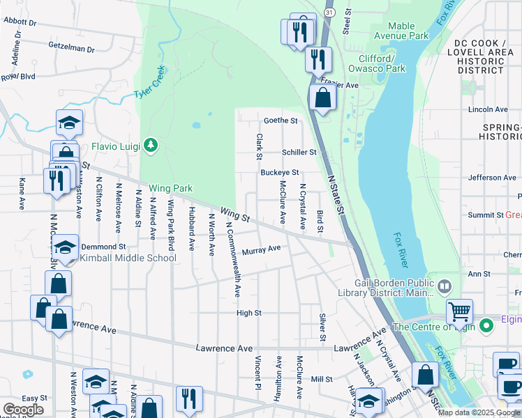 map of restaurants, bars, coffee shops, grocery stores, and more near 517 Clark Street in Elgin