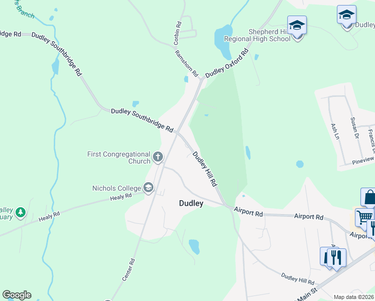 map of restaurants, bars, coffee shops, grocery stores, and more near 68 Dudley Hill Road in Dudley