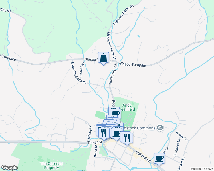 map of restaurants, bars, coffee shops, grocery stores, and more near 13-45 Lower Byrdcliffe Rd in Woodstock