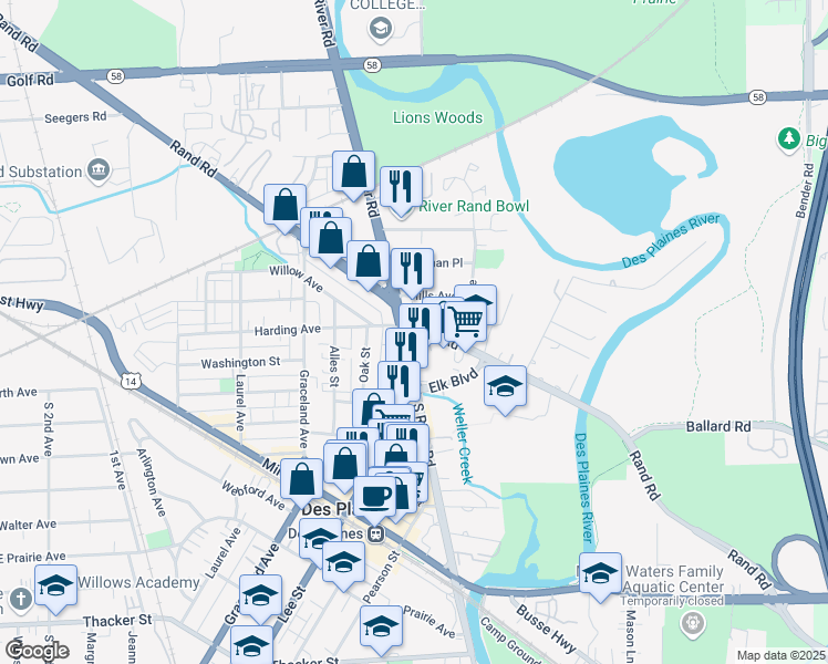 map of restaurants, bars, coffee shops, grocery stores, and more near 405 South River Road in Des Plaines