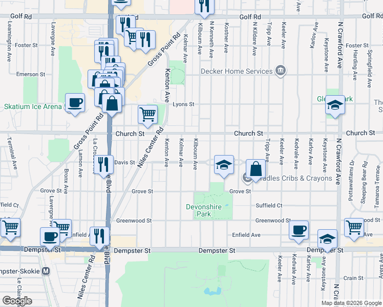map of restaurants, bars, coffee shops, grocery stores, and more near 9101 Kilbourn Avenue in Skokie