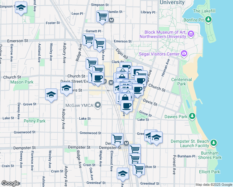 map of restaurants, bars, coffee shops, grocery stores, and more near 1600 Sherman Avenue in Evanston