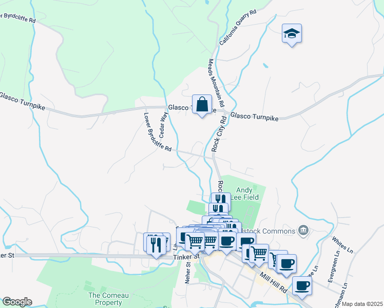 map of restaurants, bars, coffee shops, grocery stores, and more near 13 Lower Byrdcliffe Road in Woodstock
