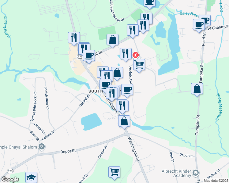 map of restaurants, bars, coffee shops, grocery stores, and more near 8 Randall Lane in Easton