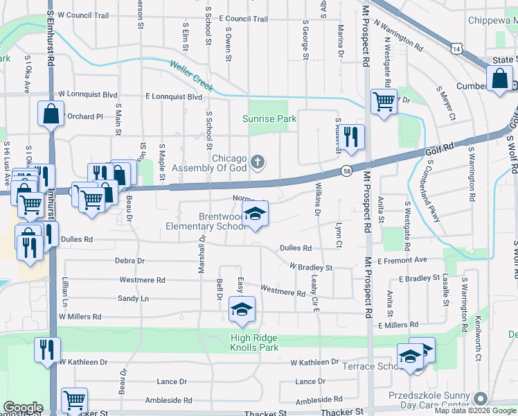map of restaurants, bars, coffee shops, grocery stores, and more near 292 Brentwood Drive in Des Plaines