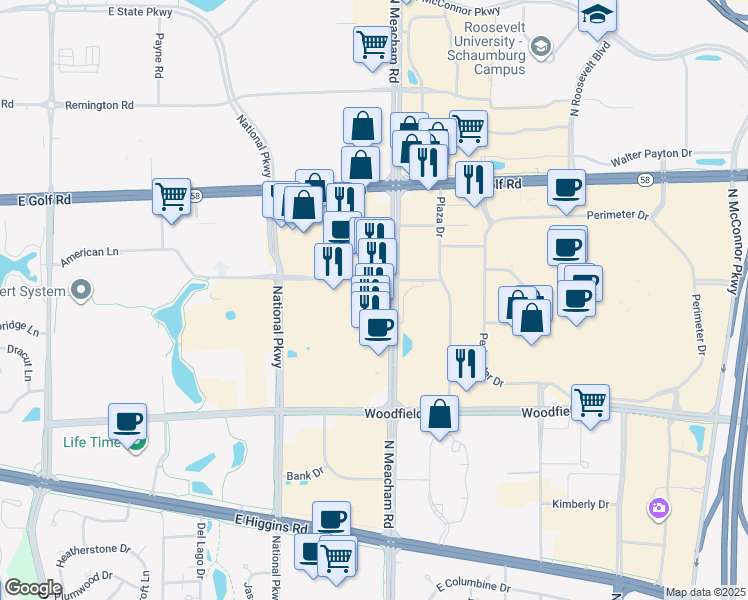 map of restaurants, bars, coffee shops, grocery stores, and more near in Schaumburg