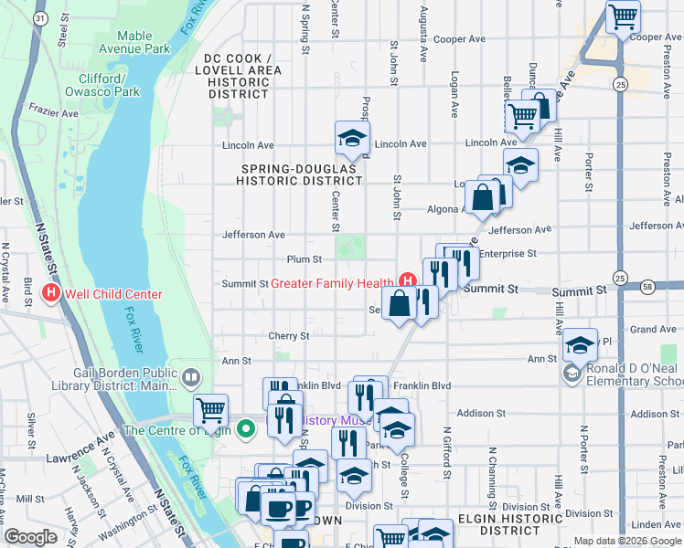 map of restaurants, bars, coffee shops, grocery stores, and more near 511 Center Street in Elgin