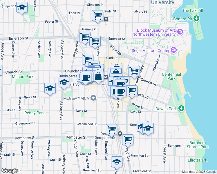 map of restaurants, bars, coffee shops, grocery stores, and more near 1570 Elmwood Avenue in Evanston
