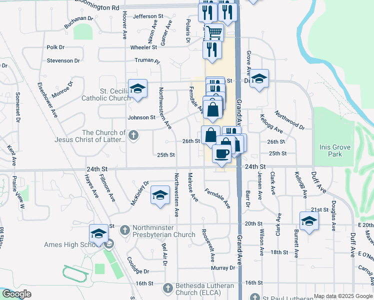 map of restaurants, bars, coffee shops, grocery stores, and more near 2509 Melrose Avenue in Ames