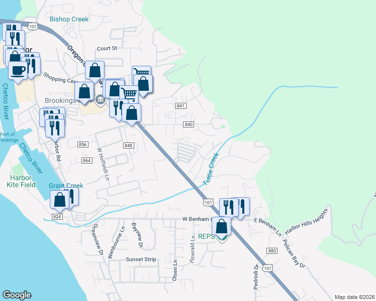 map of restaurants, bars, coffee shops, grocery stores, and more near 16117 U.S. 101 in Brookings
