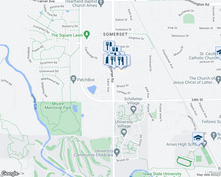 map of restaurants, bars, coffee shops, grocery stores, and more near 2510 Eaton Avenue in Ames
