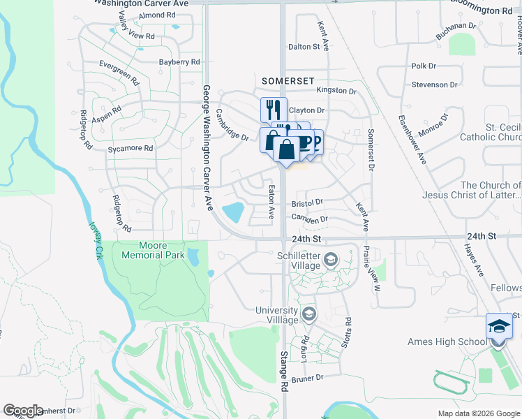 map of restaurants, bars, coffee shops, grocery stores, and more near 2714 Bristol Drive in Ames