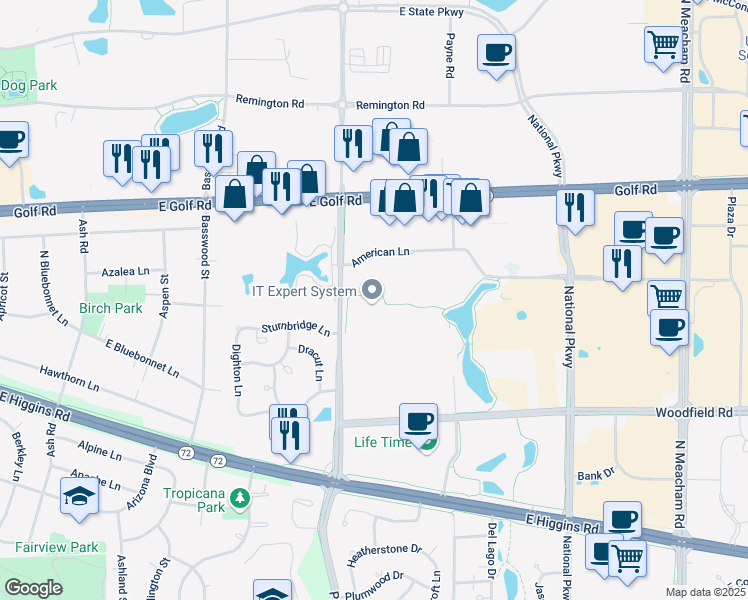 map of restaurants, bars, coffee shops, grocery stores, and more near 957 North Plum Grove Road in Schaumburg