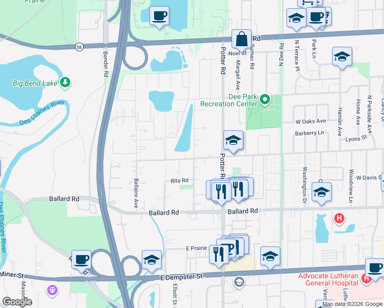 map of restaurants, bars, coffee shops, grocery stores, and more near 2498 East Church Street in Des Plaines