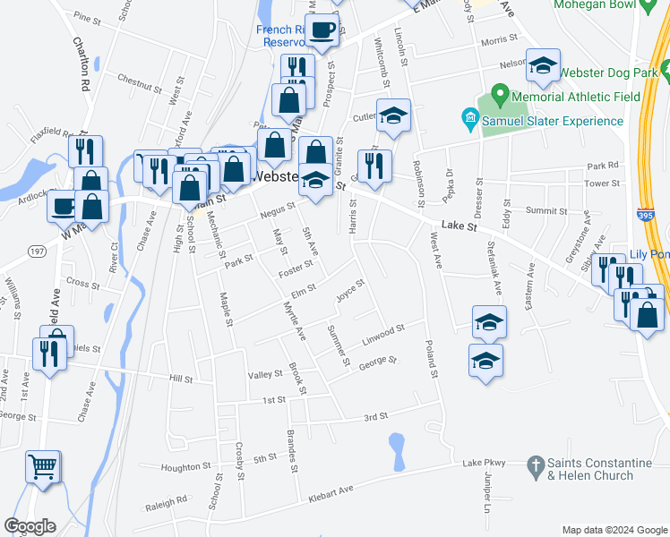 map of restaurants, bars, coffee shops, grocery stores, and more near 49 Elm Street in Webster