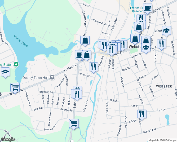 map of restaurants, bars, coffee shops, grocery stores, and more near 22 Central Avenue in Dudley