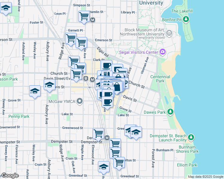 map of restaurants, bars, coffee shops, grocery stores, and more near 626 Davis Street in Evanston