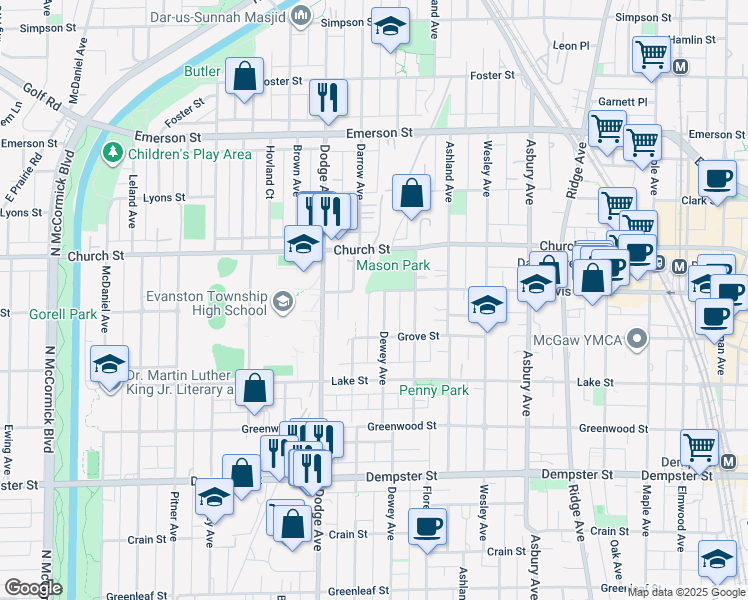 map of restaurants, bars, coffee shops, grocery stores, and more near 1574 Darrow Avenue in Evanston