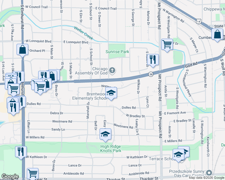 map of restaurants, bars, coffee shops, grocery stores, and more near 292 Brentwood Drive in Des Plaines