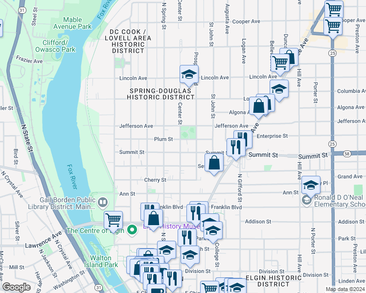 map of restaurants, bars, coffee shops, grocery stores, and more near 503 Center Street in Elgin
