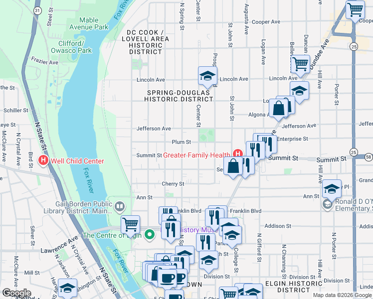 map of restaurants, bars, coffee shops, grocery stores, and more near 190 Summit Street in Elgin