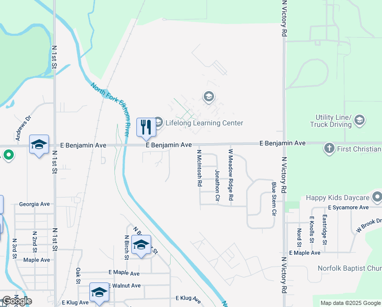map of restaurants, bars, coffee shops, grocery stores, and more near 1122 North McIntosh Road in Norfolk