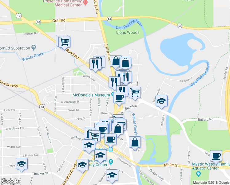 map of restaurants, bars, coffee shops, grocery stores, and more near 356 Lee Street in Des Plaines