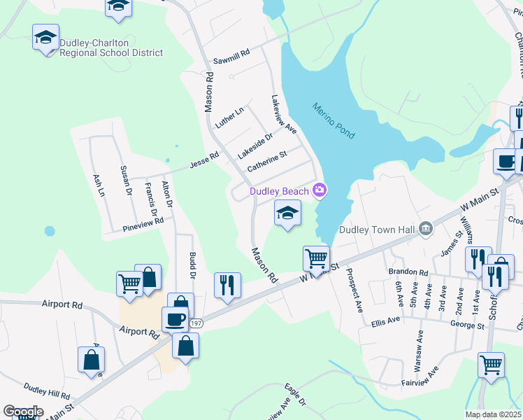 map of restaurants, bars, coffee shops, grocery stores, and more near 24 Mason Road in Dudley