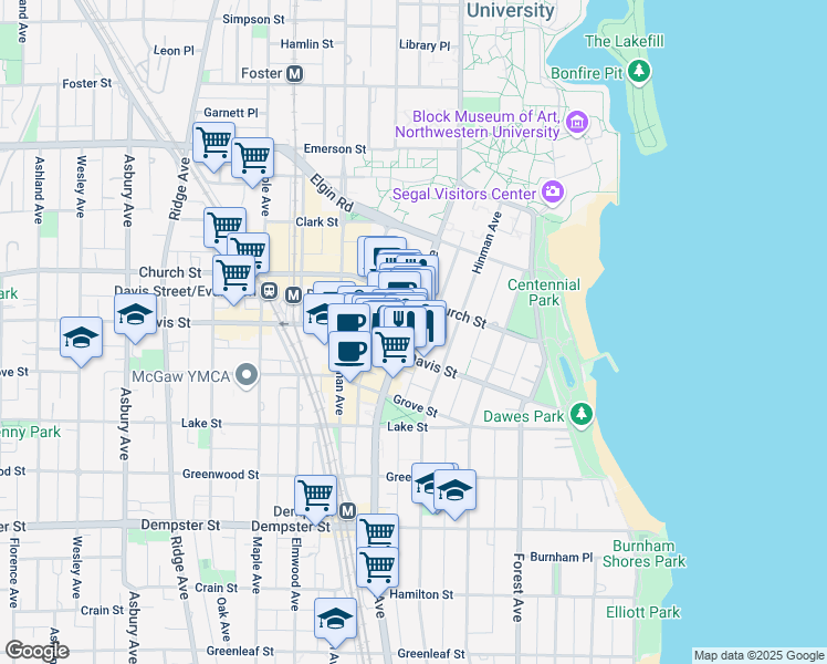 map of restaurants, bars, coffee shops, grocery stores, and more near 1612 Chicago Avenue in Evanston
