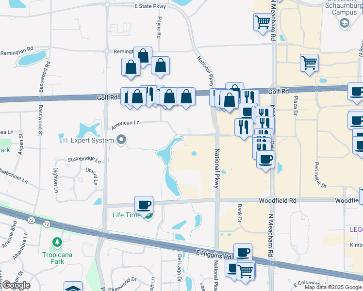 map of restaurants, bars, coffee shops, grocery stores, and more near 1061 American Lane in Schaumburg