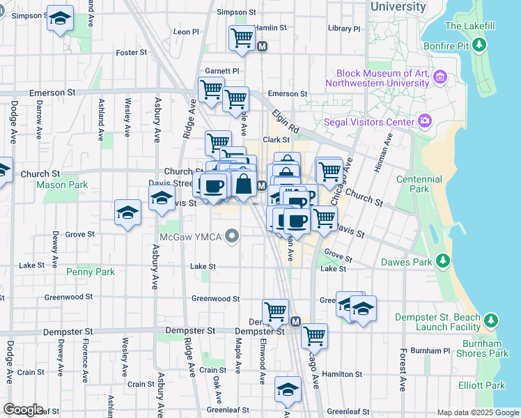 map of restaurants, bars, coffee shops, grocery stores, and more near 900 Davis Street in Evanston