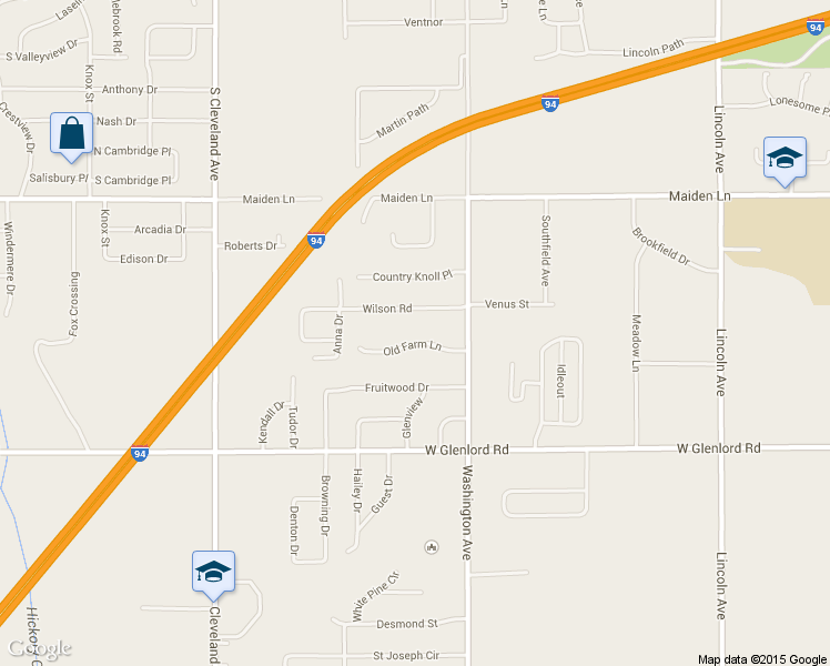 map of restaurants, bars, coffee shops, grocery stores, and more near 1383 Old Farm Lane in St. Joseph