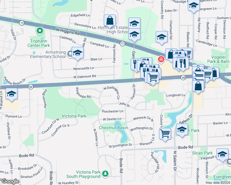 map of restaurants, bars, coffee shops, grocery stores, and more near 1100 North Darlington Circle in Hoffman Estates