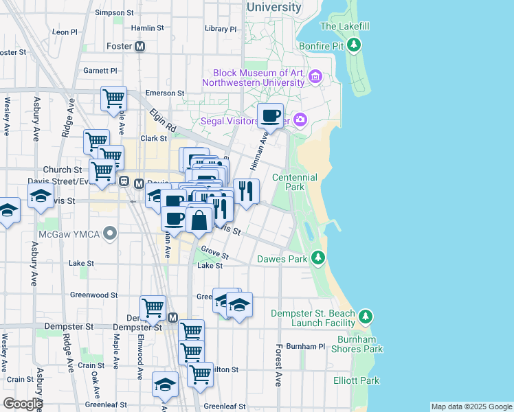 map of restaurants, bars, coffee shops, grocery stores, and more near 414 Church Street in Evanston