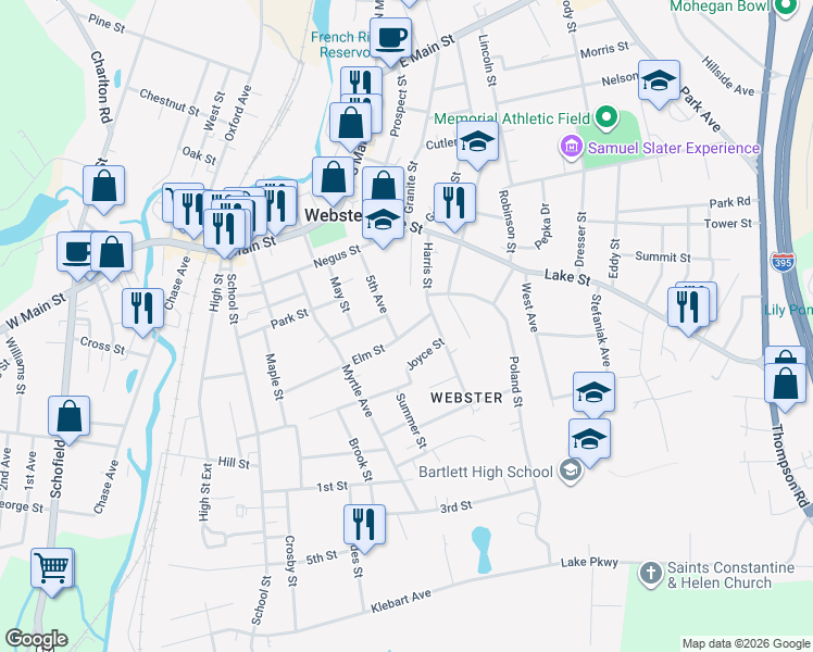 map of restaurants, bars, coffee shops, grocery stores, and more near 49 Elm Street in Webster
