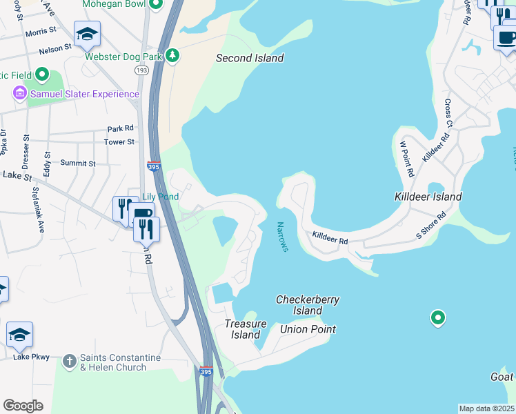 map of restaurants, bars, coffee shops, grocery stores, and more near 70 Birch Island Road in Webster