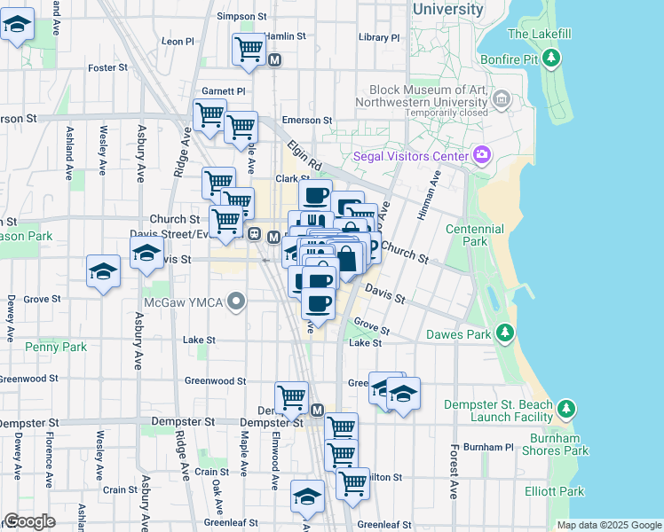 map of restaurants, bars, coffee shops, grocery stores, and more near 1603 Orrington Avenue in Evanston