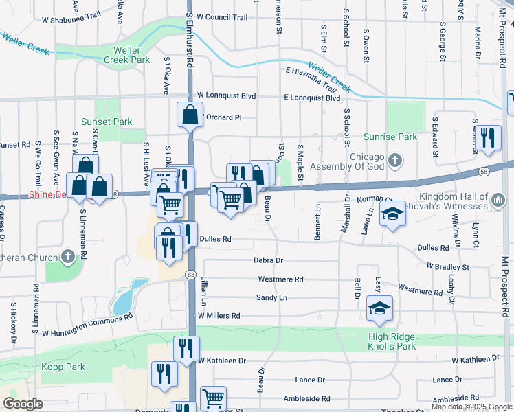 map of restaurants, bars, coffee shops, grocery stores, and more near 260 Beau Drive in Des Plaines