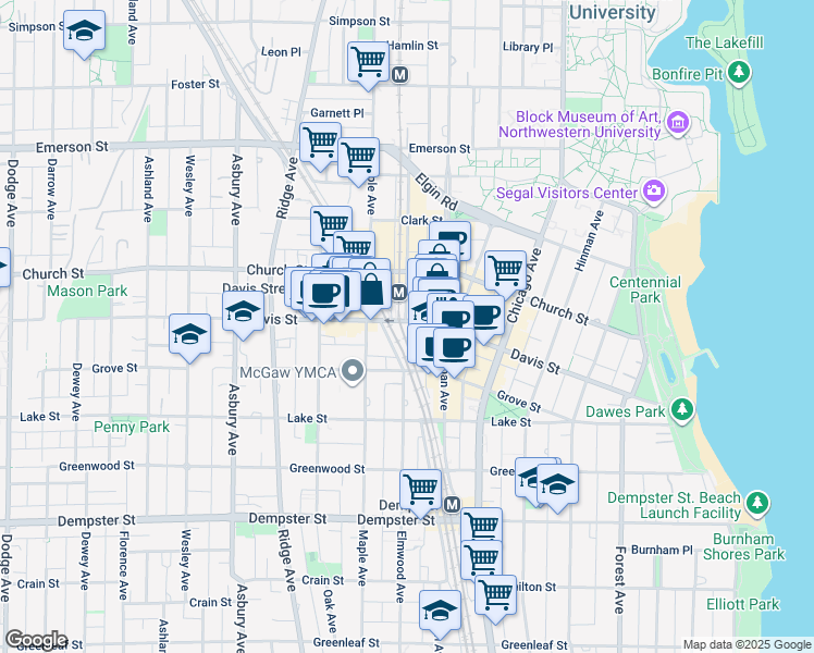 map of restaurants, bars, coffee shops, grocery stores, and more near 1570 Elmwood Avenue in Evanston