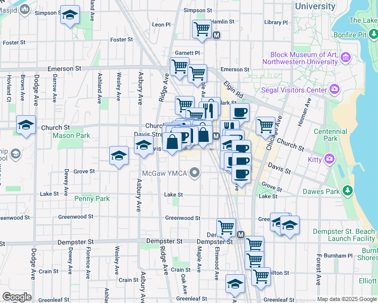 map of restaurants, bars, coffee shops, grocery stores, and more near 1572 Elmwood Avenue in Evanston