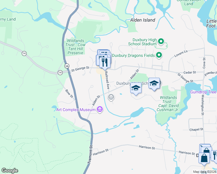 map of restaurants, bars, coffee shops, grocery stores, and more near 17c Railroad Avenue in Duxbury